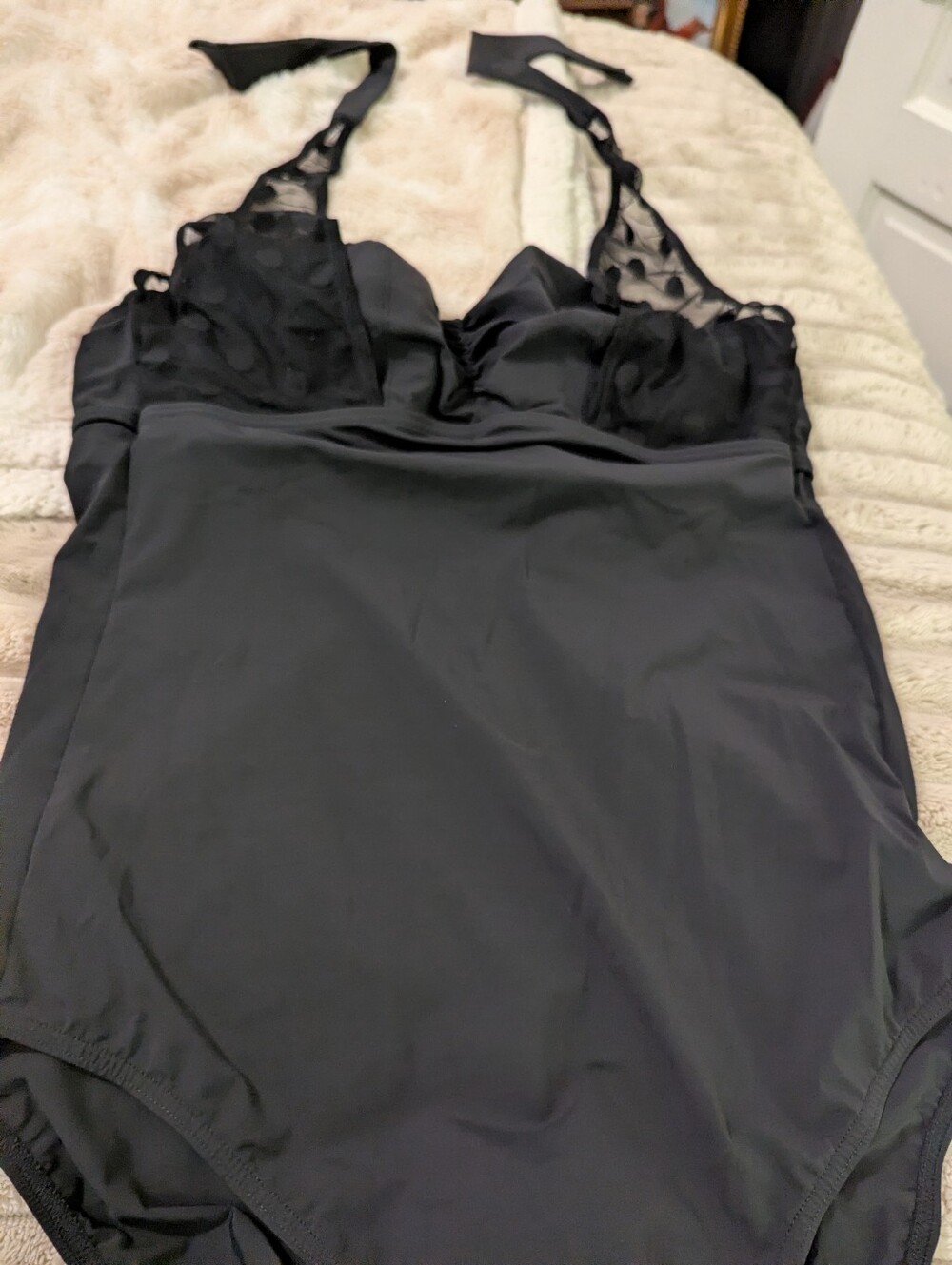 Black One-Piece Swimsuit with Mesh Polka-Dot Cups